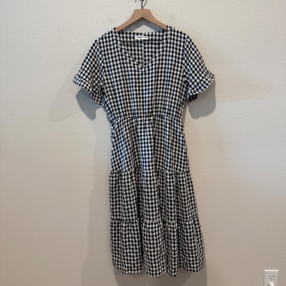 ECOWISH Womens Dress Gingham Cottagecore Picnic Boho Tiered Midi Large - Picture 1 of 8